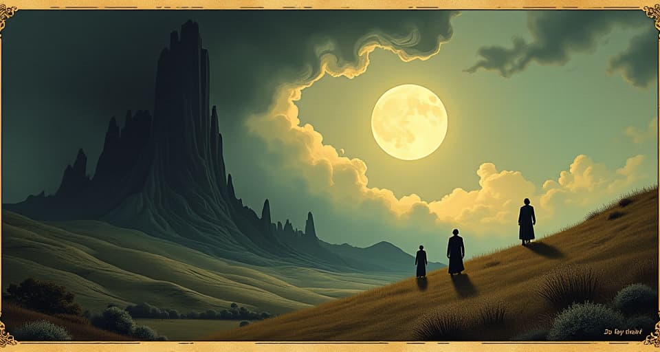  a shadow creeping slowly over a bright landscape, figures caught in the transition, sense of encroaching unease. an illustration in the style of a worn, mystical old tarot trump card, mysterious and elements of surrealism. the colors are muted, somber and eerie, but with contrast bring out an occult and esoteric vibe.