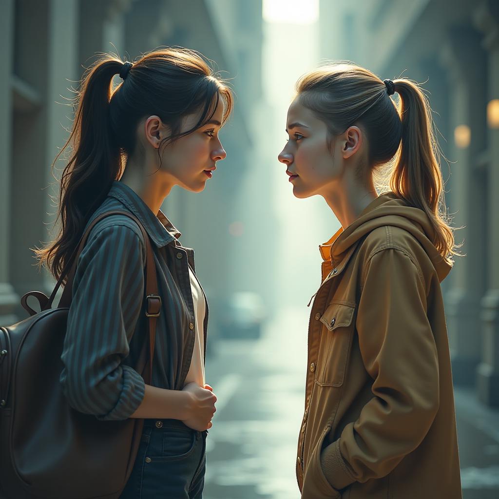  draw two communicating vessels: in one, a girl is arguing with her boss at work and feeling sad. in the other, the same girl is happy and engaging in running. hyperrealistic, full body, detailed clothing, highly detailed, cinematic lighting, stunningly beautiful, intricate, sharp focus, f/1. 8, 85mm, (centered image composition), (professionally color graded), ((bright soft diffused light)), volumetric fog, trending on instagram, trending on tumblr, HDR 4K, 8K