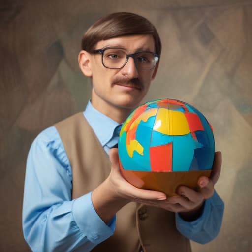 a cubism version of a geography teacher holding a globe