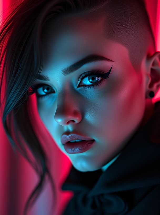  ultra realistic close up portrait ((beautiful pale cyberpunk female with heavy black eyeliner)), blue eyes, shaved side haircut, hyper detail, cinematic lighting, magic neon, dark red city, canon eos r3, nikon, f/1.4, iso 200, 1/160s, 8k, raw, unedited, symmetrical balance, in frame, 8k hyperrealistic, full body, detailed clothing, highly detailed, cinematic lighting, stunningly beautiful, intricate, sharp focus, f/1. 8, 85mm, (centered image composition), (professionally color graded), ((bright soft diffused light)), volumetric fog, trending on instagram, trending on tumblr, HDR 4K, 8K