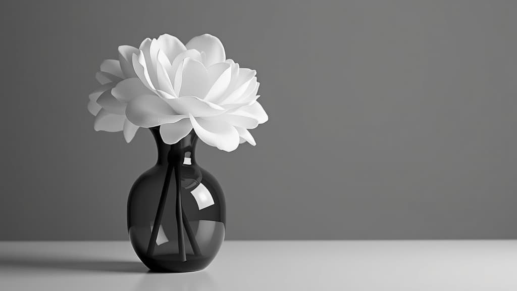  dramatic high contrast black and white photograph of isolated white flower vase on reflective surface, showcasing delicate shapes and contrasting textures.