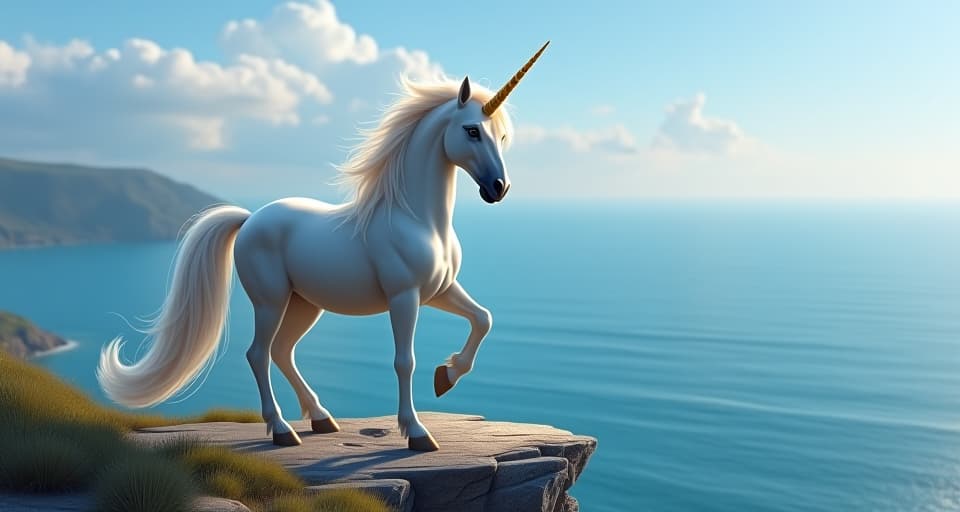  a majestic unicorn with a radiant mane, standing on a cliff edge overlooking a calm sea. profound confidence, unwavering strength, ethereal clarity.. the style is digital art illustration,highly detailed, whimsical,magical, dreamlike atmosphere, realism and fantasy blend, smooth, glossy textures,luminous quality, wonder and enchantment.