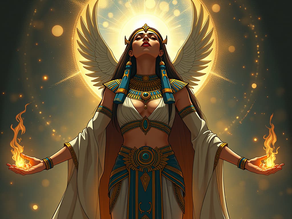  a large busted female figure in elegant traditional egyptian attire, eyes closed, channeling cosmic energies, surrounded by a glow of heightened awareness and intuition. the style is digital art illustration / modern comic book / mysterious occult, symbolic, esoteric vibe,high detail on character design, incorporating ancient egyptian symbology and attire.