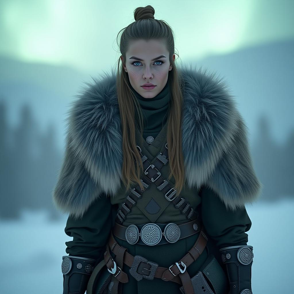  a cinematic shot of a fur clad nordic warrior woman, her body gleaming with sweat post battle. in a misty backdrop of snow capped mountains, the faint aurora lights shimmer across her strong, athletic figure. shot with a nikon d6 and a 200 500mm f/5.6e lens. hyperrealistic, full body, detailed clothing, highly detailed, cinematic lighting, stunningly beautiful, intricate, sharp focus, f/1. 8, 85mm, (centered image composition), (professionally color graded), ((bright soft diffused light)), volumetric fog, trending on instagram, trending on tumblr, HDR 4K, 8K