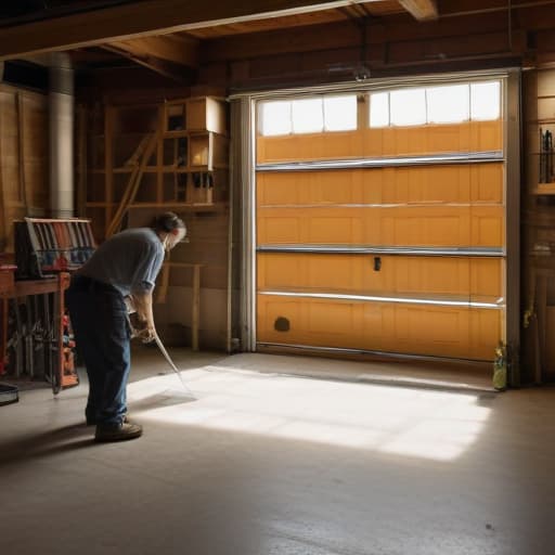 A photo of a skilled technician examining a garage door mechanism in a dimly lit, cluttered garage in the late afternoon. The warm glow of a single hanging lightbulb casts dramatic shadows, emphasizing the intricate details of the machinery and creating a mysterious ambiance. The technician's focused expression and the play of light and shadows evoke a sense of suspense and professionalism, setting the scene for a story of precision and expertise in garage door service.