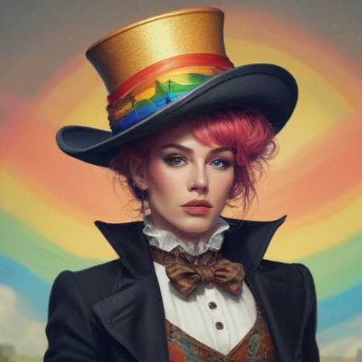 Rainbow drag queen cowboy top hat and headdress tuxedo with spurs prostitute Elizabethan collar wand paraso in the Van Gogh style, anime, concept art, digital painting, manga, artstation, dynamic lighting, big strokes, high quality