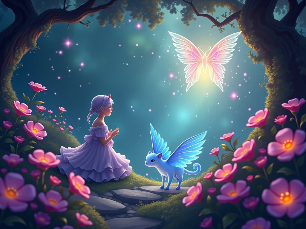  mystic restoring energy, glowing flowers and serene light in an enchanted garden. mystical creatures and celestial beings enhance the feeling of replenishment.. the style is digital art illustration,highly detailed, whimsical,magical, dreamlike atmosphere, realism and fantasy blend, smooth, glossy textures,luminous quality, wonder and enchantment.