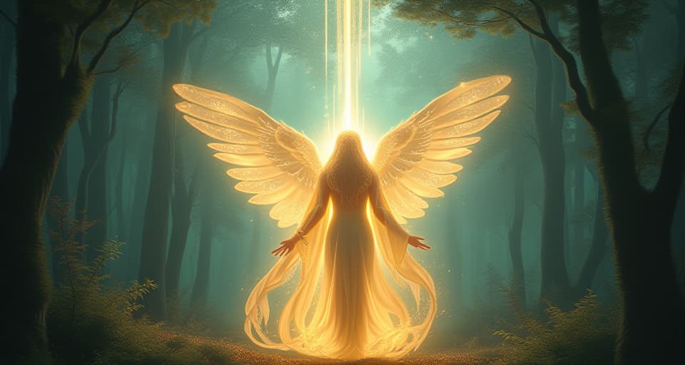  a celestial being with shimmering wings, standing in an enchanted forest clearing. veins of light emanate, symbolizing disruptive spiritual dissonance when alignment is disturbed.. the style is digital art illustration,highly detailed, whimsical,magical, dreamlike atmosphere, realism and fantasy blend, smooth, glossy textures,luminous quality, wonder and enchantment.