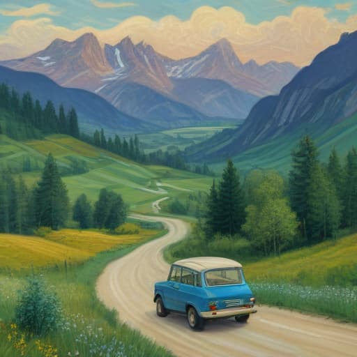 Mountains, trees, field, winding road, GM car in Van Gogh style with Forests background