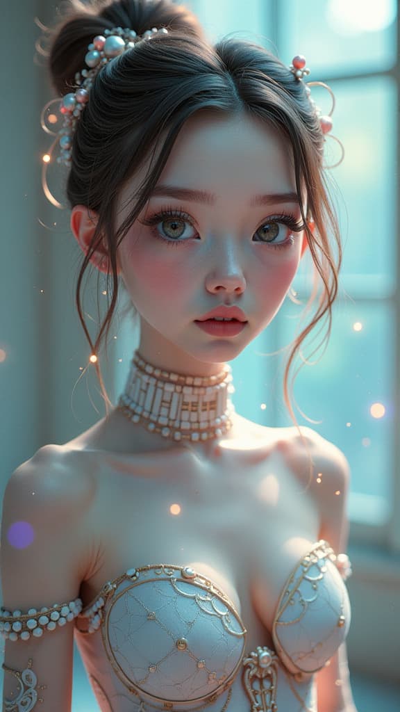  a with large expressive eyes and futuristic attire stands in a serene environment. she exudes an aura of intelligence and sensitivity, surrounded by delicate holographic elements that shimmer around her. soft pastel colors and ethereal lighting create a dreamy atmosphere, highlighting her intricate clothing adorned with circuit like patterns.