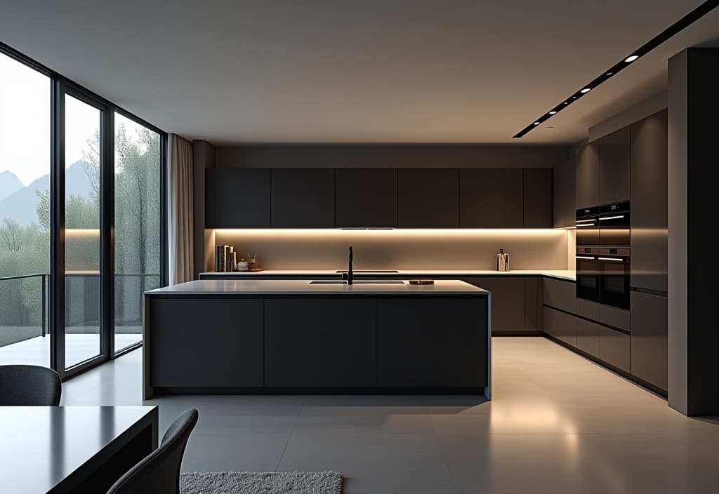  a landscape photo of an open concept kitchen with a monochromatic color scheme, featuring handleless cabinetry, integrated appliances, and a dramatic backlit backsplash hyperrealistic, full body, detailed clothing, highly detailed, cinematic lighting, stunningly beautiful, intricate, sharp focus, f/1. 8, 85mm, (centered image composition), (professionally color graded), ((bright soft diffused light)), volumetric fog, trending on instagram, trending on tumblr, HDR 4K, 8K