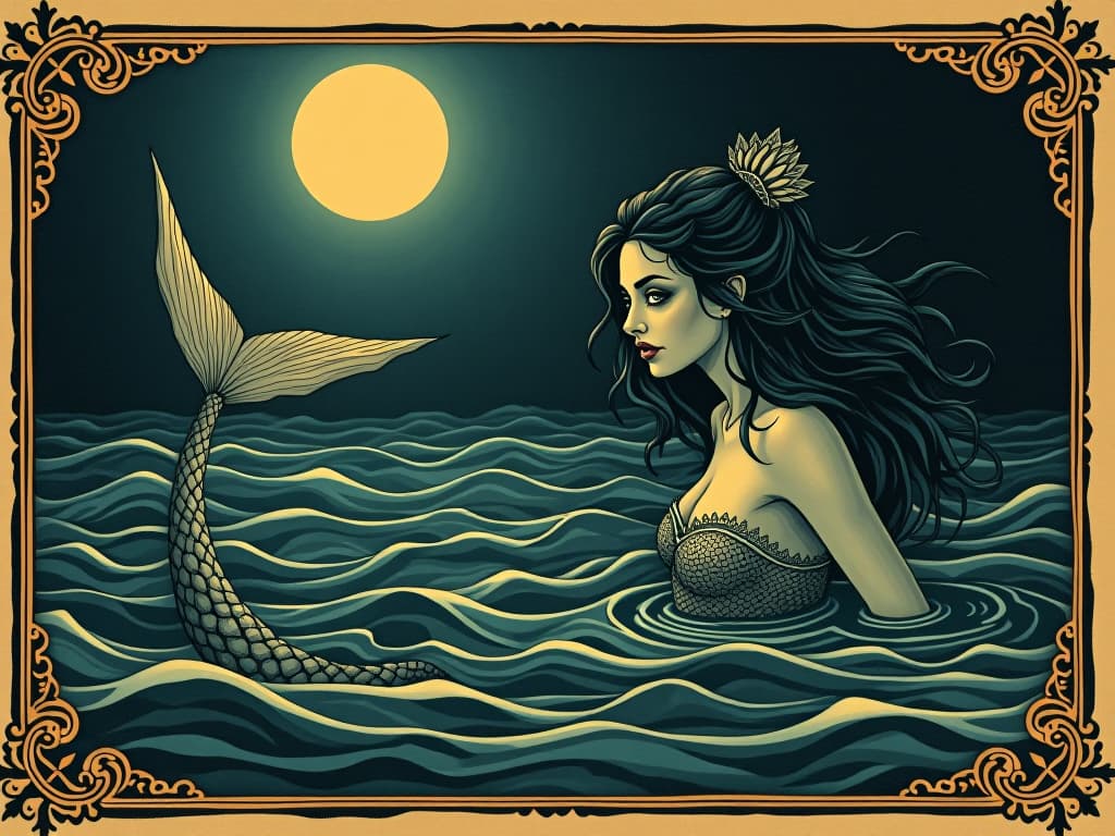  siren emerging from dark waters, scales glistening in moonlight, haunting eyes, enchanting, ominous. an illustration in the style of a worn, mystical old tarot trump card, mysterious and elements of surrealism. the colors are muted, somber and eerie, but with contrast bring out an occult and esoteric vibe.