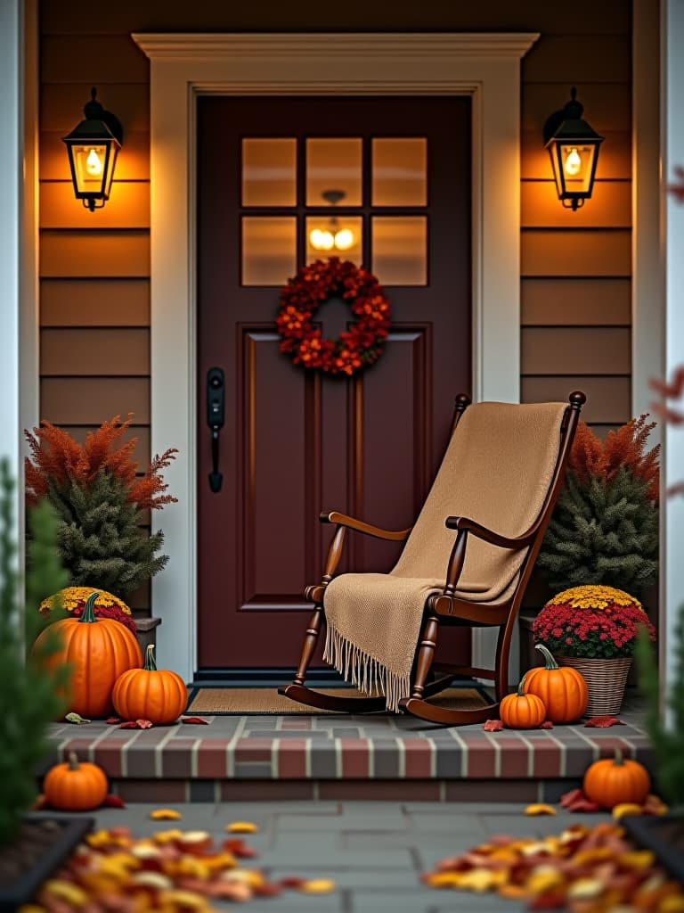  high quality portrait photo of a cozy autumn porch with a vintage rocking chair, surrounded by pumpkins, colorful leaves, and a warm throw blanket, viewed from the garden path hyperrealistic, full body, detailed clothing, highly detailed, cinematic lighting, stunningly beautiful, intricate, sharp focus, f/1. 8, 85mm, (centered image composition), (professionally color graded), ((bright soft diffused light)), volumetric fog, trending on instagram, trending on tumblr, HDR 4K, 8K