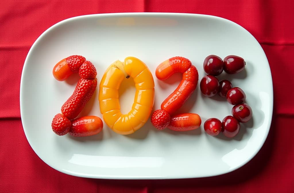  top view, the numbers "2025" made of various fruits, on a large white plate, on the table there is a red tablecloth {prompt}, maximum details