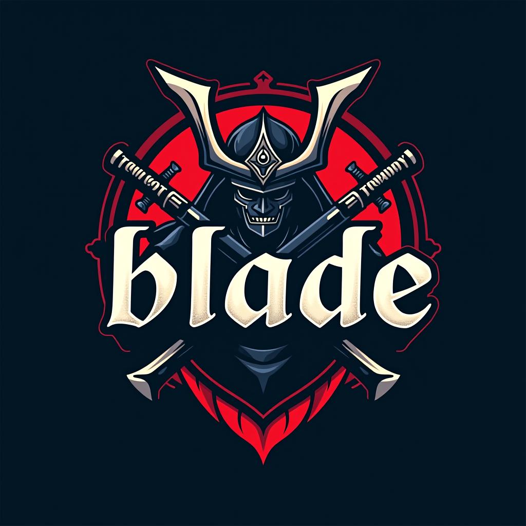  design a logo, emblem logo, with the written text ‘blade’, samurai theme, red and blue.