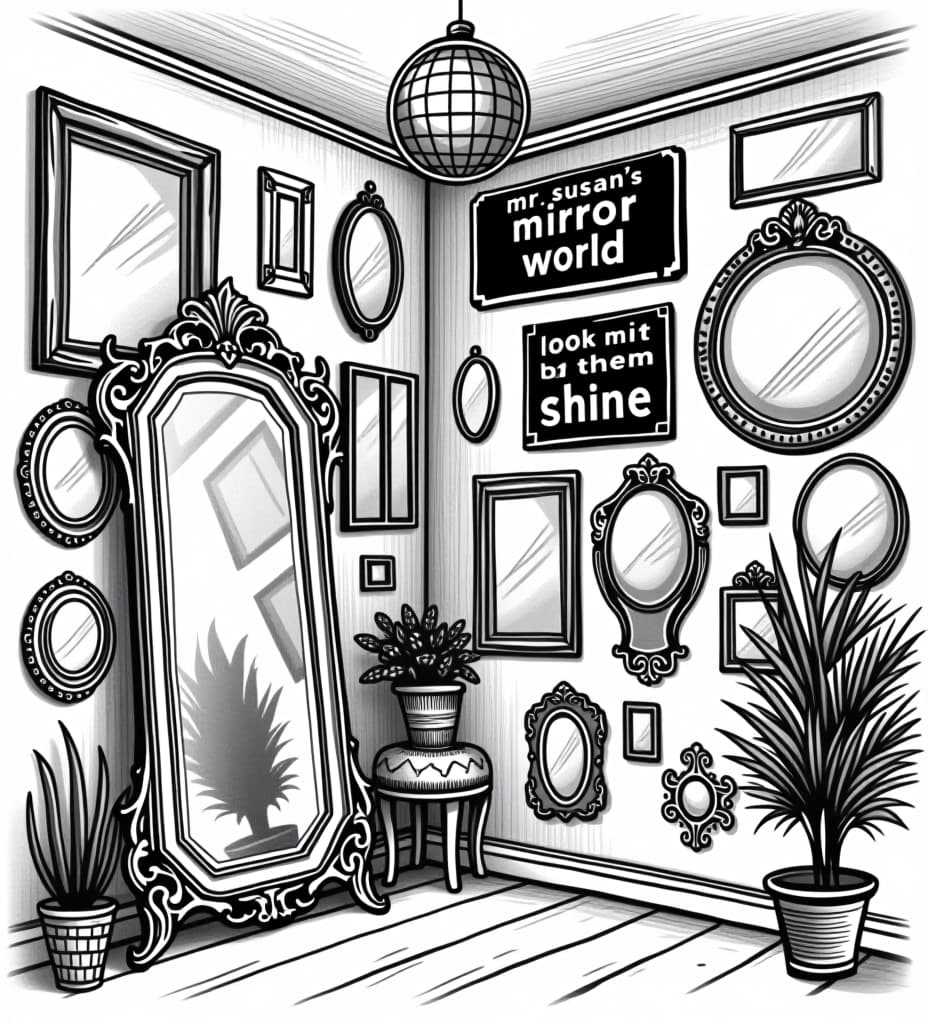  t shirt design . a black on white vector illustration, showing the corner of a room. on the walls are many mirrors in all many shapes and sizes some square, circle, rectangle, oval, some ornate and fancy, some modern style, and a full length floor mirror. a small disco ball hanging from the ceiling. distressed sketch. large sign logo on the wall that says "mr susan’s mirror world" two sale sign with text "look at them shine" and "over 17 mirrors"., high quality, high details, hd, perfect composition, 4k epic detailed, highly detailed, sharp focus, high resolution