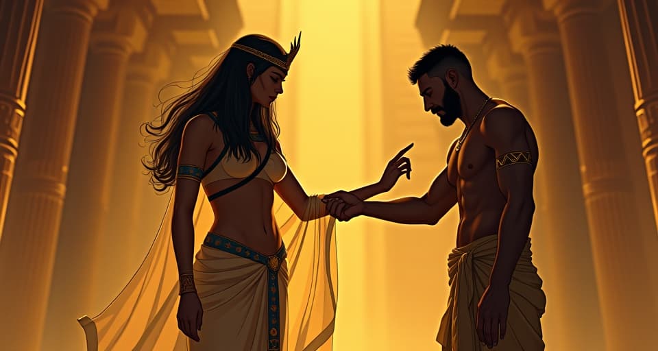  a grand egyptian temple, large busted priestess in transparent garment gracing a worried man's arm, gold glinting in the torchlight, illustrating the balance between appreciation and authenticity. the style is digital art illustration / modern comic book / mysterious occult, symbolic, esoteric vibe,high detail on character design, incorporating ancient egyptian symbology and attire.