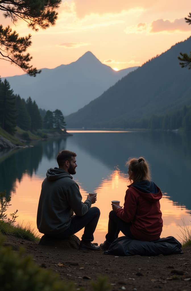  couple out camping in the mountains enjoying their morning coffee by a mountain lake at sunrise ar 2:3 {prompt}, maximum details