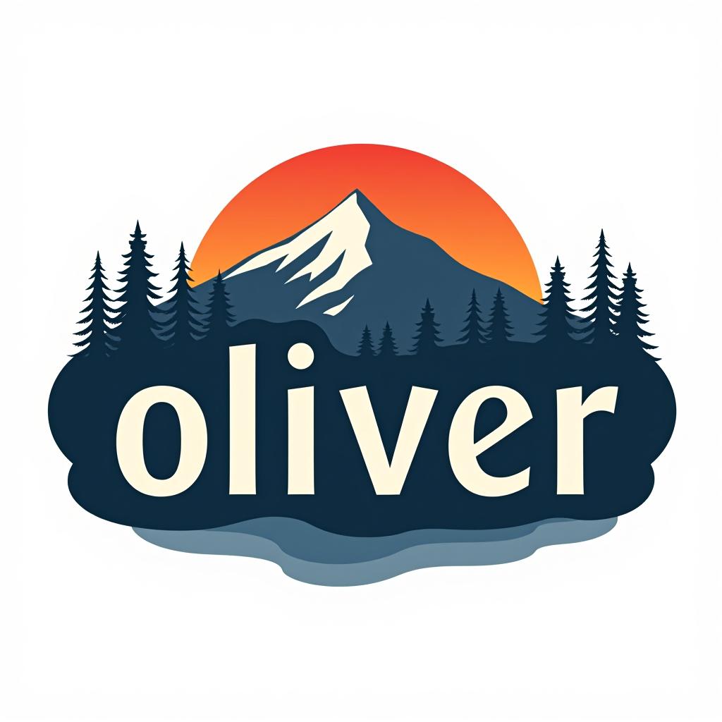  design a logo, custom sticker design on an isolated white background with the bold words ‘oliver’ with a backdrop of a mountain range, and silhouettes of pine trees at sunset