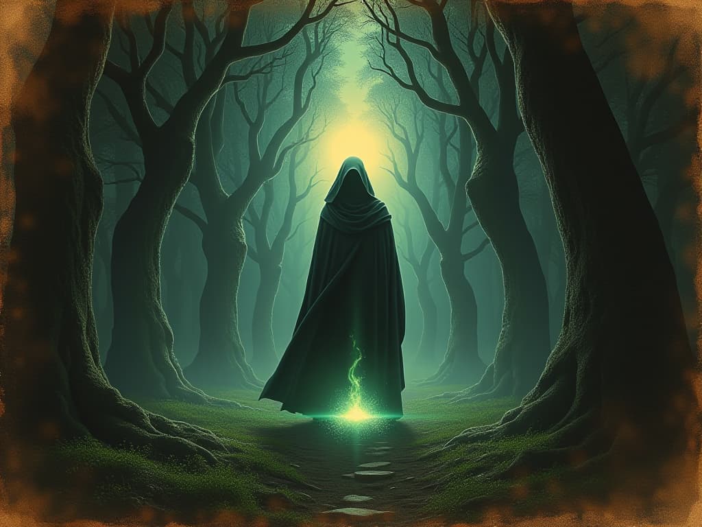  a robed figure, glowing with an inner light, standing in a mystical forest, surrounded by ancient trees and magical glows, enigmatic, mystical, awe inspiring. in a mysterious and provocative surrealism style on a weathered old sheet of parchment.