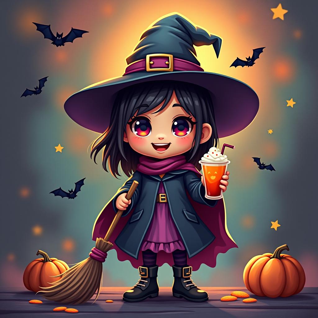  create a digital painting featuring a cute witch character. the witch should be wearing a hat. in one hand, the witch should hold a broomstick, and in the other hand, a halloween themed drink. the background should be colorful and include small black bats, pumpkins and stars to add a playful halloween touch. the overall style should be cute, whimsical, and colorful hyperrealistic, full body, detailed clothing, highly detailed, cinematic lighting, stunningly beautiful, intricate, sharp focus, f/1. 8, 85mm, (centered image composition), (professionally color graded), ((bright soft diffused light)), volumetric fog, trending on instagram, trending on tumblr, HDR 4K, 8K