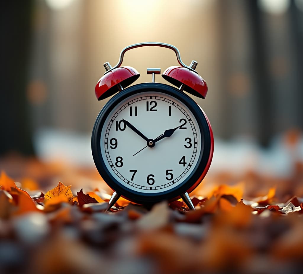  concept, daylight saving time. sommer time, winter time, changeover, switch of time. sommer or winter time. clock as a timer for celebrations. autumnal forest and leaves