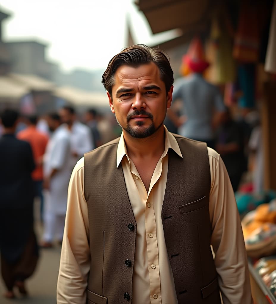  leonardo dicaprio in pakistani clothes standing in busy market in pakistan