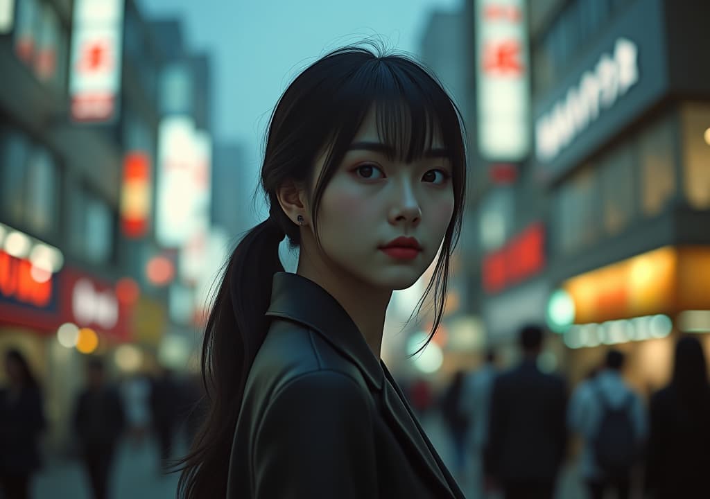  depth of field, establishing shot, character, woman, cinematic, realistic, tokyo in background