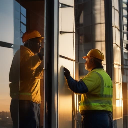 A photo of two skilled workers expertly installing a large glass window in a high-rise office building during early morning with the warm, golden light of sunrise casting a beautiful glow on their focused faces and highlighting the intricate details of the window frames.