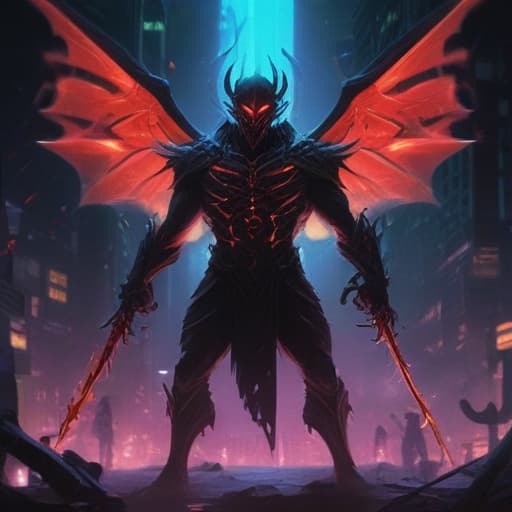 In a shadowy, futuristic cityscape, a menacing figure emerges from the darkness. Nekrosis Necross, a dark entity with glowing red eyes and swirling energy surrounding its body, reaches out towards a trembling opponent. With a sinister grin, Nekrosis Necross seizes control of a powerful monster, drawing strength from its newfound possession. The scene is illuminated by neon lights and flickering holographic displays, creating a sense of impending doom. The digital art style captures the sleek, dynamic energy of the duel between light and darkness. fantastical creatures or characters inspired by mythology, folklore, or popular culture. use vibrant colors, sharp lines, intricate details, dynamic poses, dramatic lighting, atmospheric background