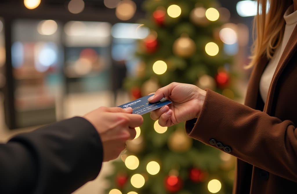  view of hand of white woman paying by credit card in a shop, christmas tree in the background, {prompt}, maximum details