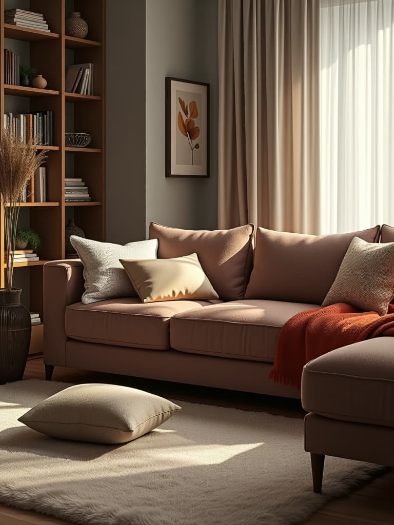  high quality portrait photo of a living room with a plush area rug, layered textures, and a mix of throw pillows on a comfortable sofa, creating a warm and inviting atmosphere hyperrealistic, full body, detailed clothing, highly detailed, cinematic lighting, stunningly beautiful, intricate, sharp focus, f/1. 8, 85mm, (centered image composition), (professionally color graded), ((bright soft diffused light)), volumetric fog, trending on instagram, trending on tumblr, HDR 4K, 8K