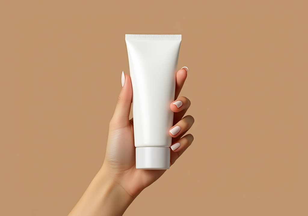  woman hand is holding a white mockup tube of facial cream on a beige isolated background, high quality, high details, hd, perfect composition, 4k epic detailed, highly detailed, sharp focus, high resolution