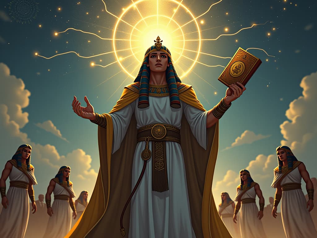  figure, surrounded by celestial light, holding an ancient book, transforming ordinary people into seekers of truth. the style is digital art illustration / modern comic book / mysterious occult, symbolic, esoteric vibe,high detail on character design, incorporating ancient egyptian symbology and attire.