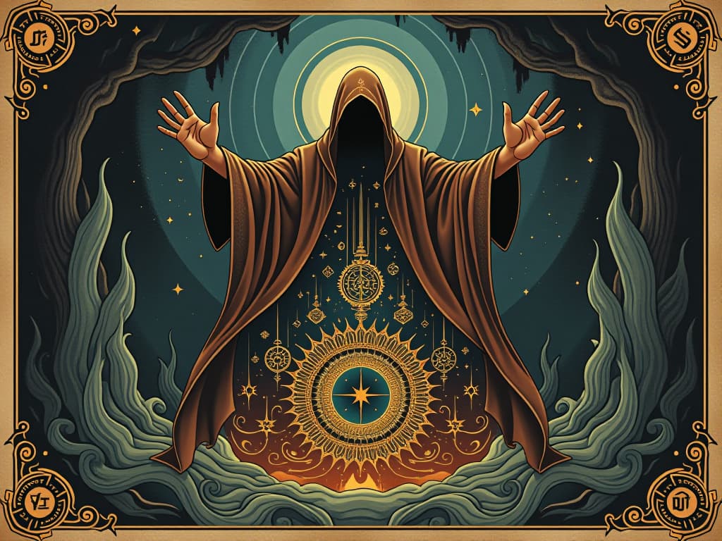  mysteries of the universe's core, hidden truths, ancient symbols. an illustration in the style of a worn, mystical old tarot trump card, mysterious and elements of surrealism. the colors are muted, somber and eerie, but with contrast bring out an occult and esoteric vibe.