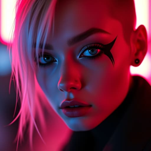  ultra realistic close up portrait ((beautiful pale cyberpunk female with heavy black eyeliner)), blue eyes, shaved side haircut, hyper detail, cinematic lighting, magic neon, dark red city, canon eos r3, nikon, f/1.4, iso 200, 1/160s, 8k, raw, unedited, symmetrical balance, in frame, 8k hyperrealistic, full body, detailed clothing, highly detailed, cinematic lighting, stunningly beautiful, intricate, sharp focus, f/1. 8, 85mm, (centered image composition), (professionally color graded), ((bright soft diffused light)), volumetric fog, trending on instagram, trending on tumblr, HDR 4K, 8K