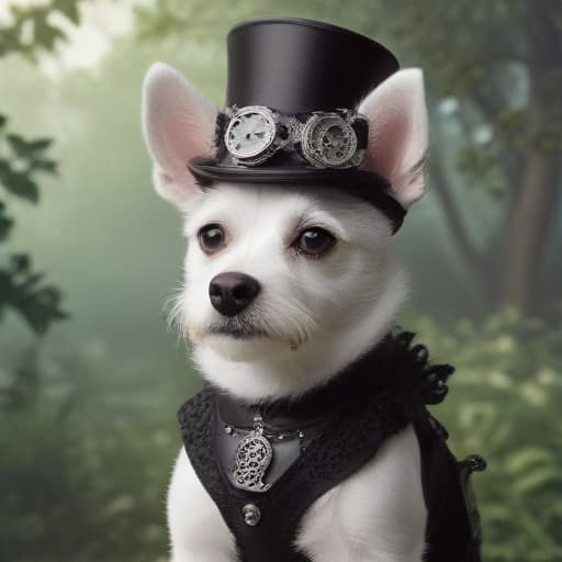 Chien blanc et noir ninù in Steampunk style with Nature background