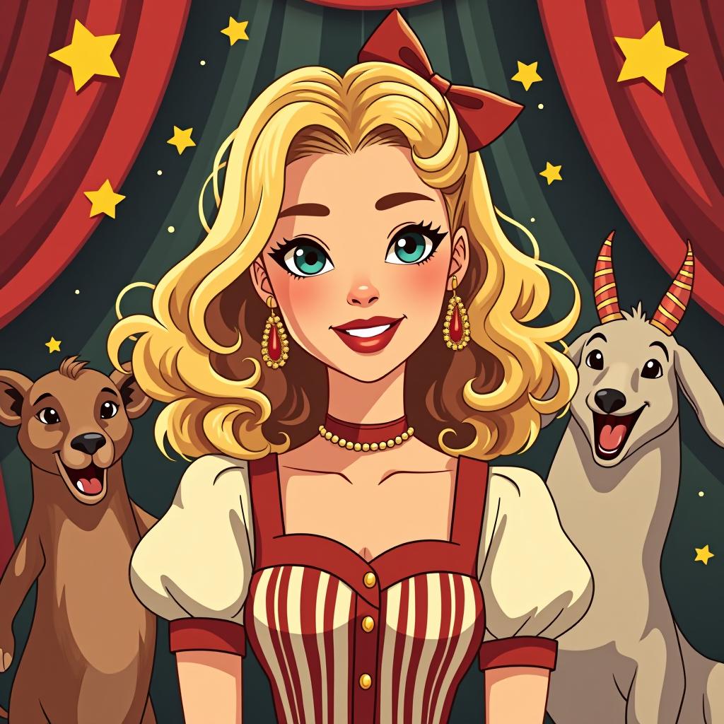  a blonde girl is illustrated in a retro circus style, smiling against the backdrop of a circus with animals.