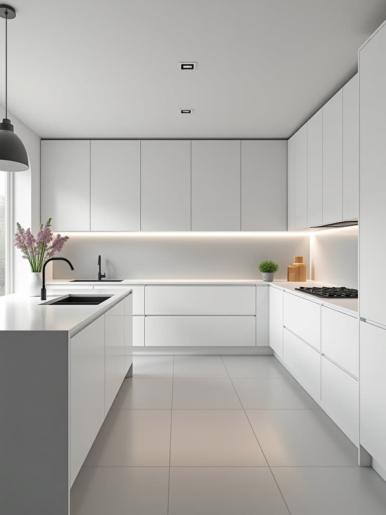  high quality portrait photo of a minimalist white kitchen with sleek handleless cabinets, a glass backsplash, hidden led lighting, and a floating breakfast bar, viewed from a side angle hyperrealistic, full body, detailed clothing, highly detailed, cinematic lighting, stunningly beautiful, intricate, sharp focus, f/1. 8, 85mm, (centered image composition), (professionally color graded), ((bright soft diffused light)), volumetric fog, trending on instagram, trending on tumblr, HDR 4K, 8K