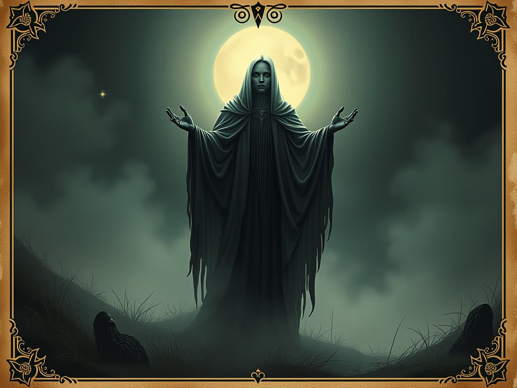  central figure, untouched by dark mists, ethereal glow, purity, immune to malice. an illustration in the style of a worn, mystical old tarot trump card, mysterious and elements of surrealism. the colors are muted, somber and eerie, but with contrast bring out an occult and esoteric vibe.