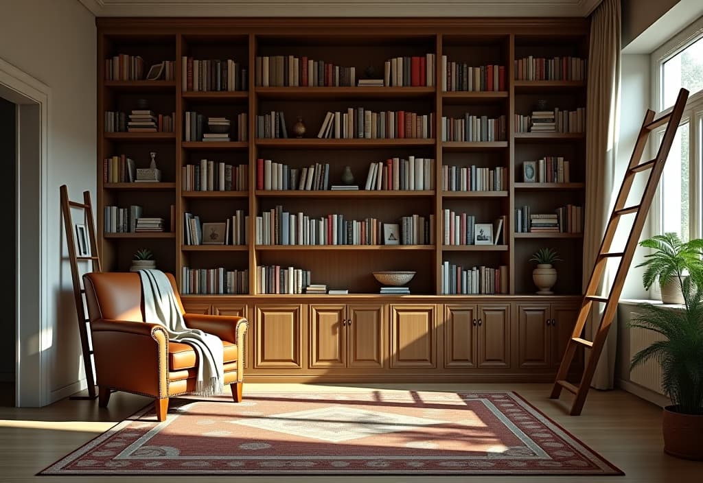  a landscape photo of a cozy living room with a built in bookshelf spanning an entire wall, a leather reading chair, and a rustic wooden ladder used as a blanket holder, captured from a cinematic low angle hyperrealistic, full body, detailed clothing, highly detailed, cinematic lighting, stunningly beautiful, intricate, sharp focus, f/1. 8, 85mm, (centered image composition), (professionally color graded), ((bright soft diffused light)), volumetric fog, trending on instagram, trending on tumblr, HDR 4K, 8K