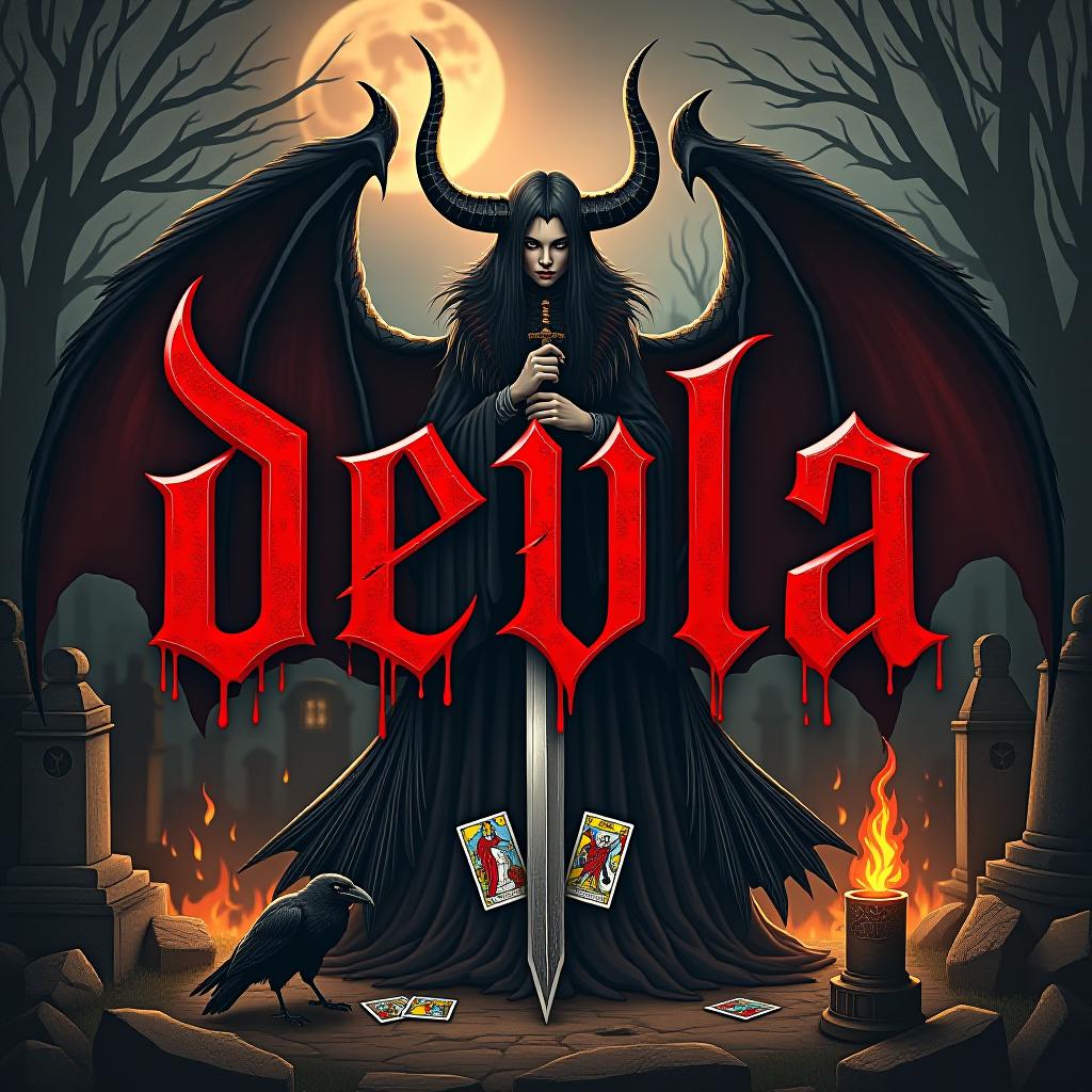  the word "devla" is gothic, bloody, set against a cemetery background with flames. the inscription features the demon lilith with a sword and a black raven with tarot cards.