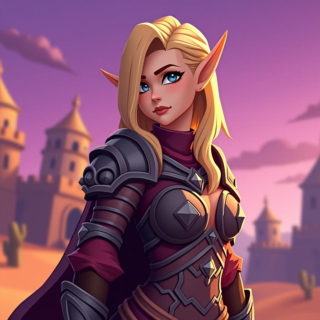  blonde elf woman as a world of warcraft character | wearing usa armor | mmorpg mobile screenshot | toxic desert village in the background | purple sky | cartoonish low poly quality