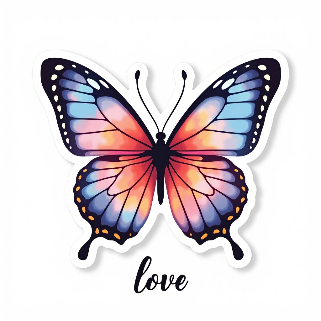  design a logo, custom sticker design on an isolated white background decorated by watercolor butterfly, with the text ‘love’