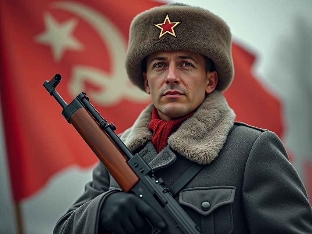  cinematic photo a soviet world war ii soldier standing proudly with a ppsh 41 submachine gun, wearing a winter military uniform with a fur hat (ushanka) featuring a red star, and a gray wool coat. the background shows a large red soviet flag with cyrillic script partially visible. the image is in the style of a propaganda poster, with a heroic and patriotic atmosphere, using bright colors and high contrast. the soldier's expression is determined, and he is looking slightly upwards. . 35mm photograph, film, bokeh, professional, 4k, highly detailed hyperrealistic, full body, detailed clothing, highly detailed, cinematic lighting, stunningly beautiful, intricate, sharp focus, f/1. 8, 85mm, (centered image composition), (professionally color graded), ((bright soft diffused light)), volumetric fog, trending on instagram, trending on tumblr, HDR 4K, 8K