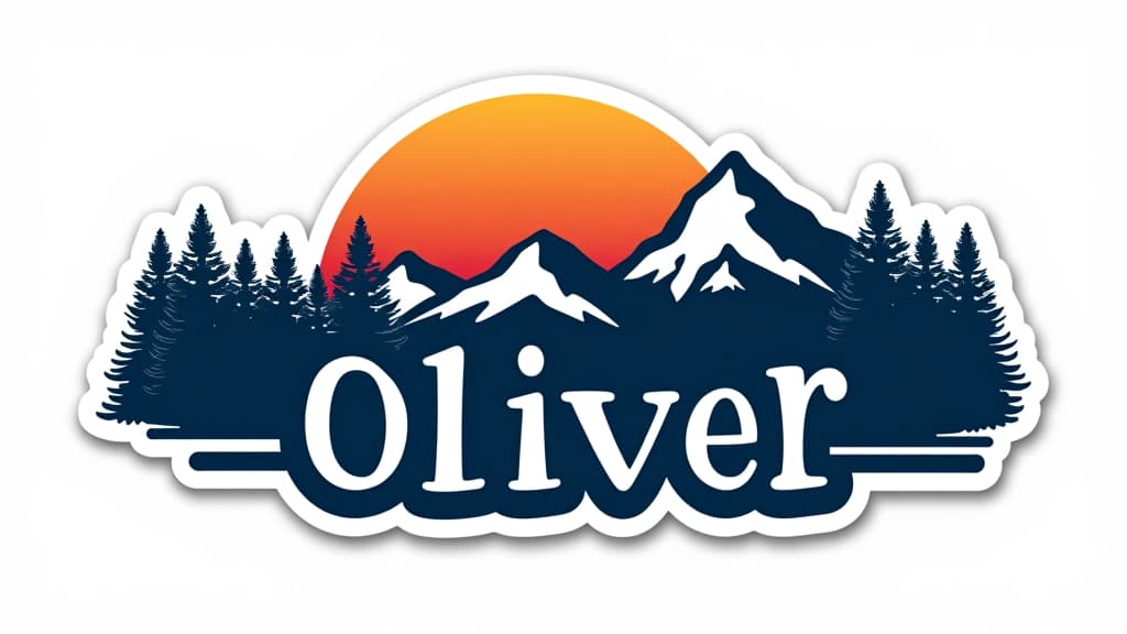  design a logo, custom sticker design on an isolated white background with the bold words ‘oliver’ with a backdrop of a mountain range, and silhouettes of pine trees at sunset