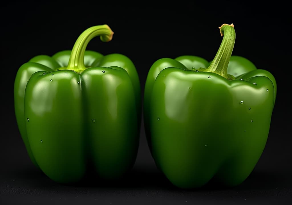  fresh green bell peppers isolated on black background with dew drops