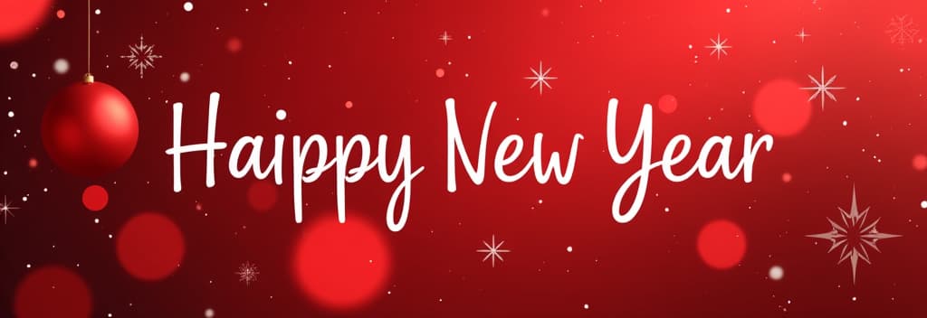  big white handwriting thin letters “happy new year ” over red christmas blurred background ar 3:1 {prompt}, maximum details