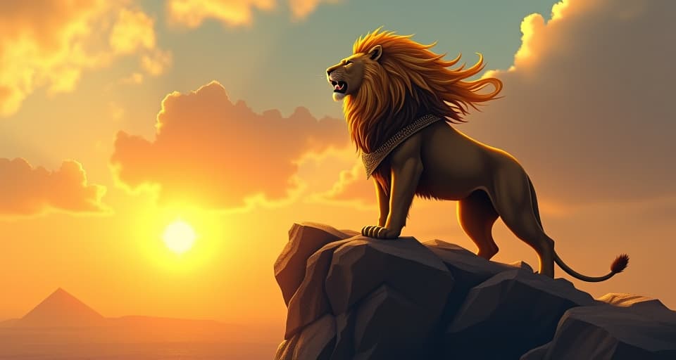  a majestic lion standing atop a rocky cliff, roaring into the horizon, golden mane flowing in the wind, symbolizing unstoppable determination. the style is digital art illustration / modern comic book / mysterious occult, symbolic, esoteric vibe,high detail on character design, incorporating ancient egyptian symbology and attire.