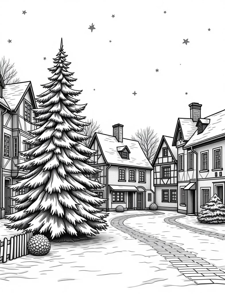  this is for an adult coloring page. a detailed black and white line art of a snowy snowy village square with a decorated christmas tree on a solid white background.